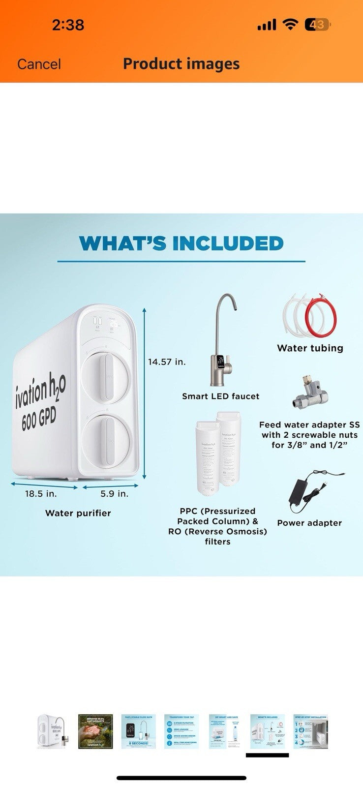 Ivation H2O 600 GPD Reverse Osmosis Under Sink Tankless Water Purifier