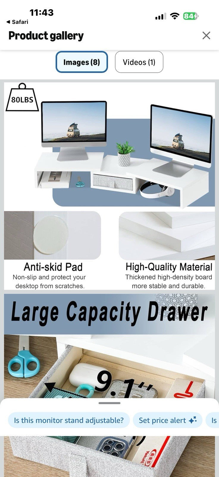 MARTY Dual Monitor Stand, White Monitor Riser with Drawer Length & Angle 