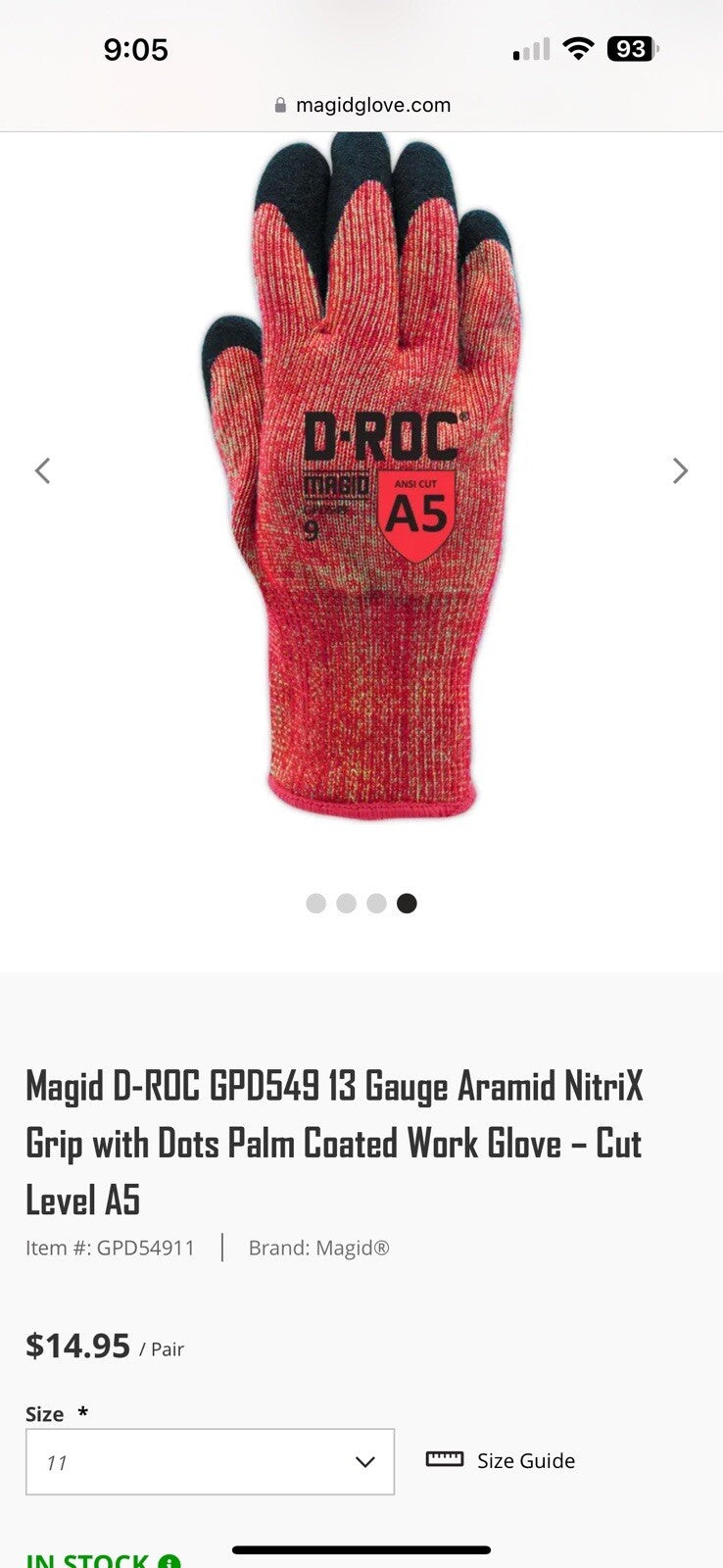 Magid D-ROC GPD549 13 Gauge Aramid NitriX Grip, 11xxL, 12 Pairs