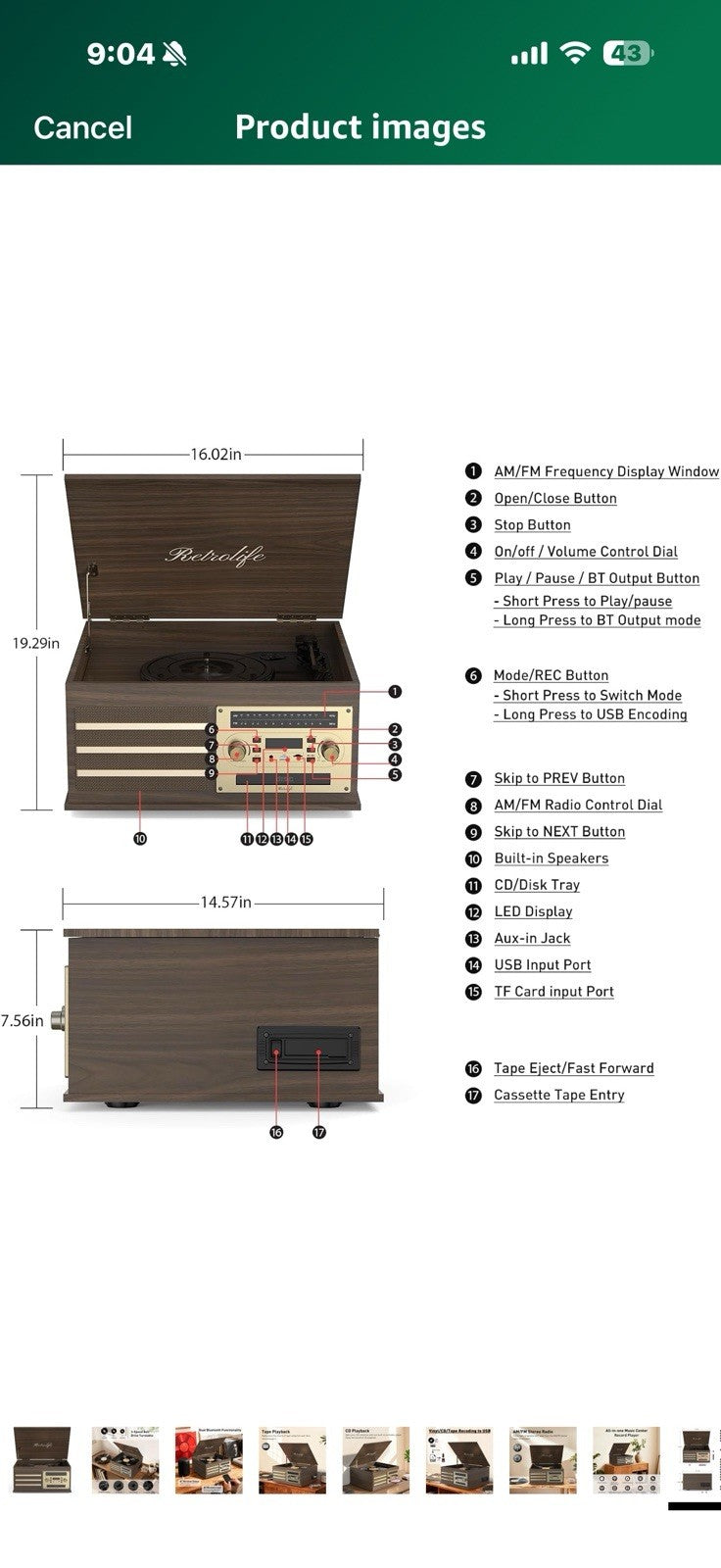 Vinyl Record Player 10-in-1 Music Center Turntable Built-in Speakers Support 3