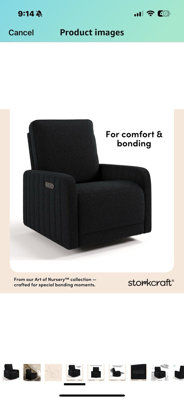 Storkcraft Kyoto Deluxe Extra-Wide Power Recliner Swivel Glider (Black Boucle) 