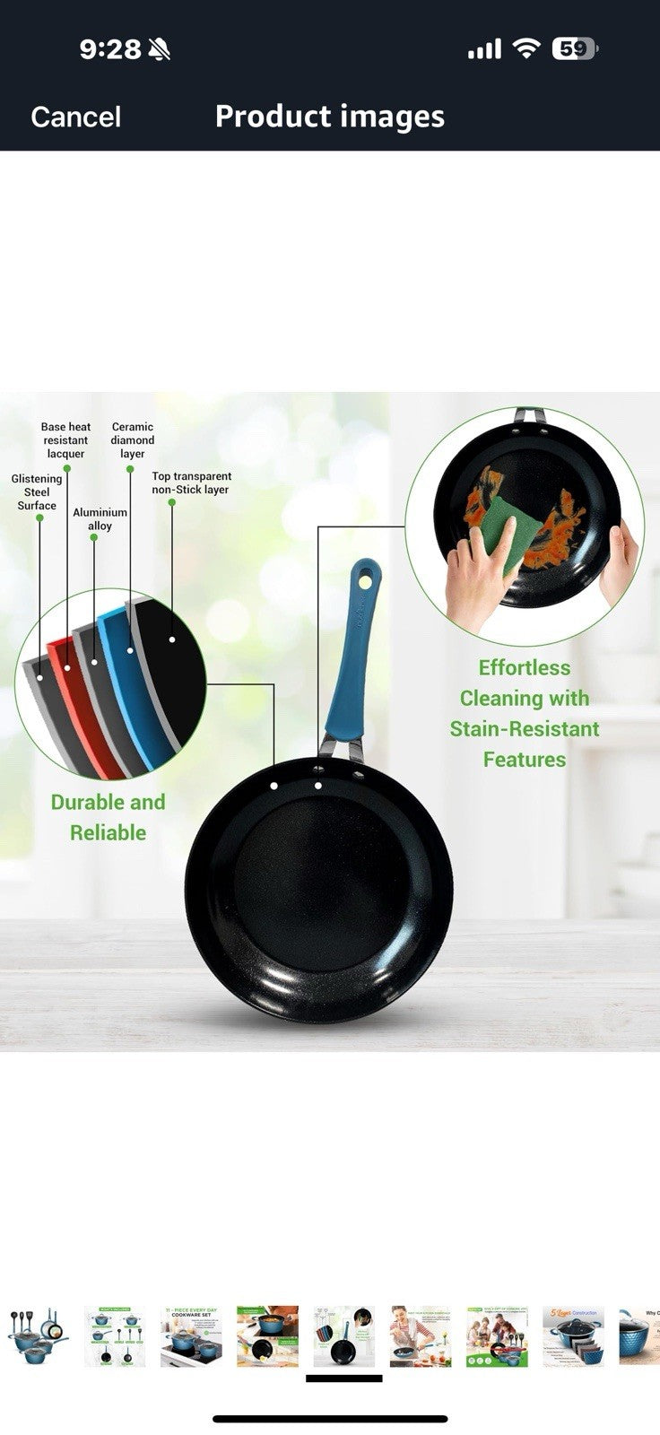 NutriChef 11 Pc Ceramic Cookware Set - Excilon Blue Diamond, Nonstick,
