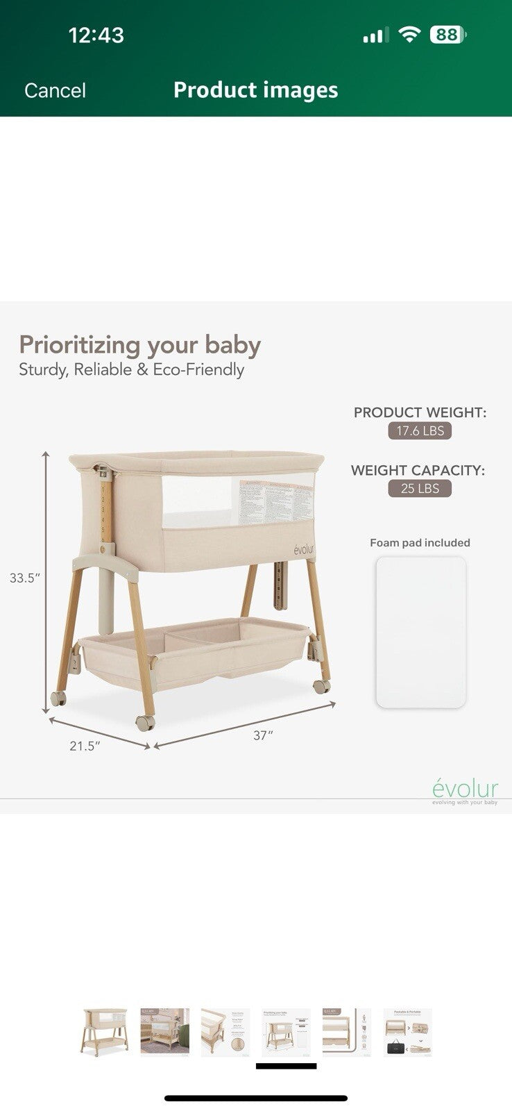 Evolur Lullaby Portable Bassinet with Wheels