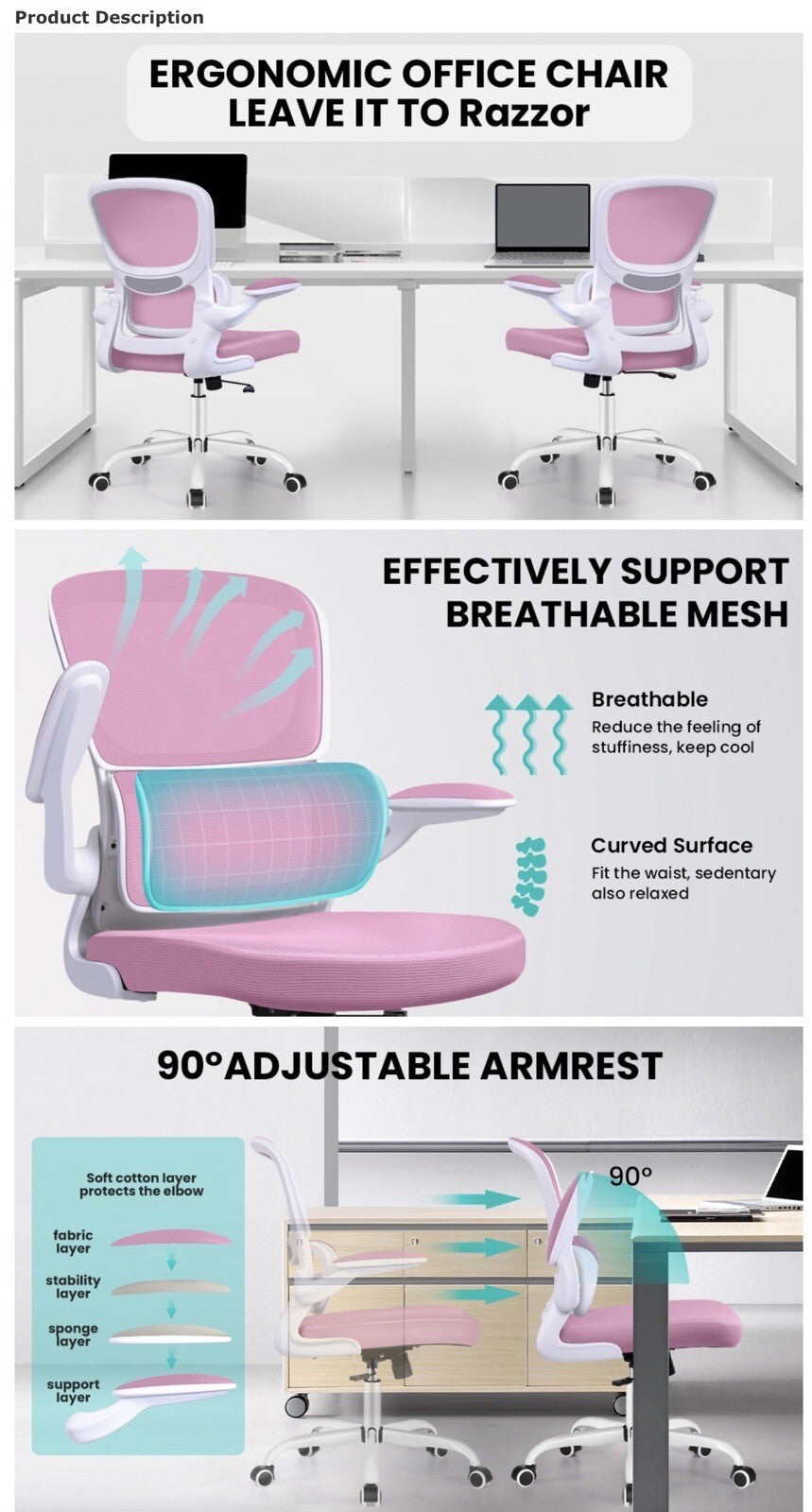 Razzor Ergonomic Desk Chair with Lumbar Support and Adjustable Armrests,
