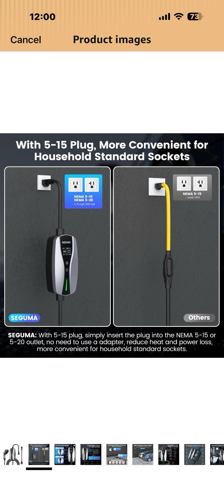 Level 1/2 EV Charger, 16Amp Adjustable Current NEMA 5-15 Plug/NEMA 6-20