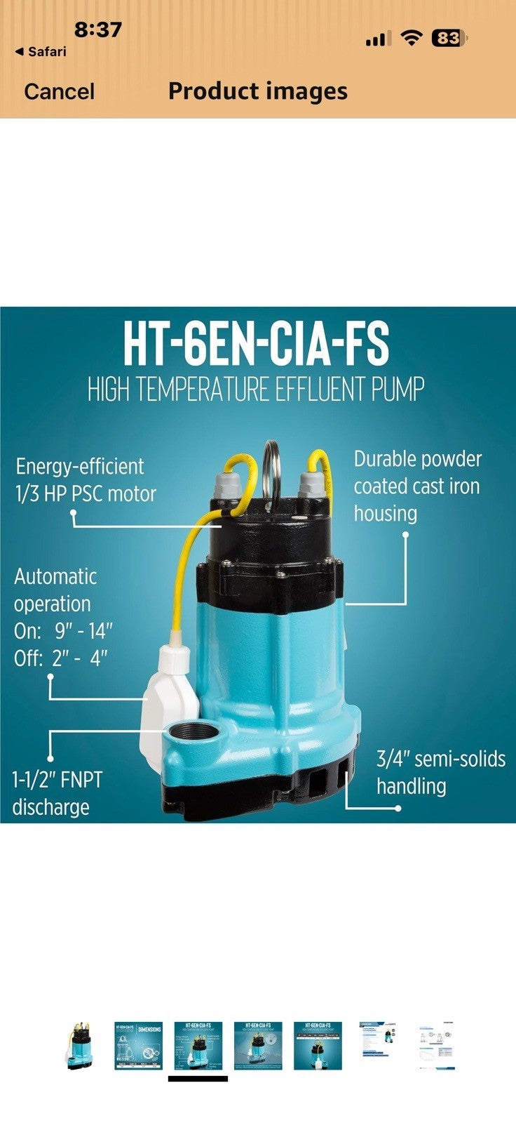Little Giant HT-6EN-CIA-SFS, 115 Volt, 1/3 HP, 3540 GPH High Temperature 