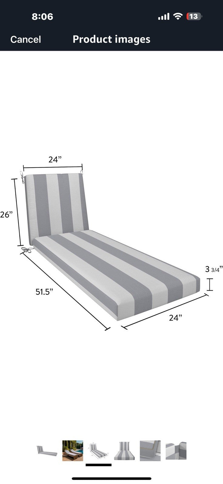 California Umbrella GCCH24B Chaise Lounge Cushion, 24"x78", Grey/White