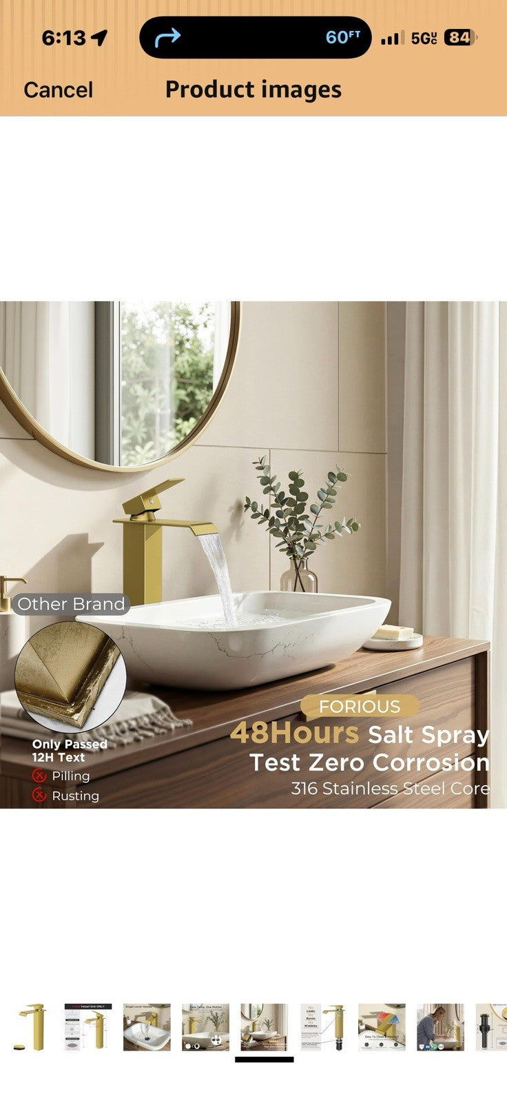 FORIOUS Vessel Bathroom Sink Faucets 1 Hole Brushed Gold, Tall Waterfall