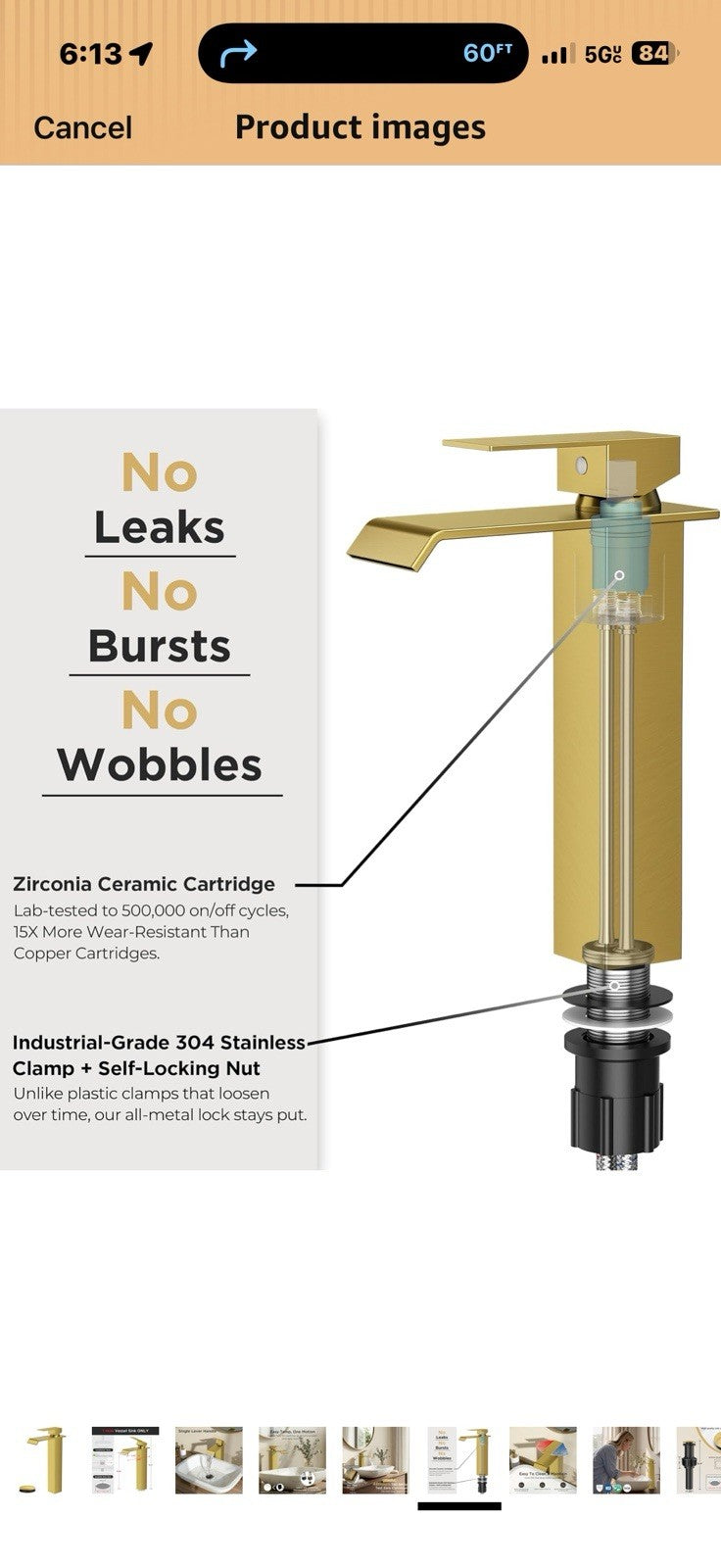 FORIOUS Vessel Bathroom Sink Faucets 1 Hole Brushed Gold, Tall Waterfall