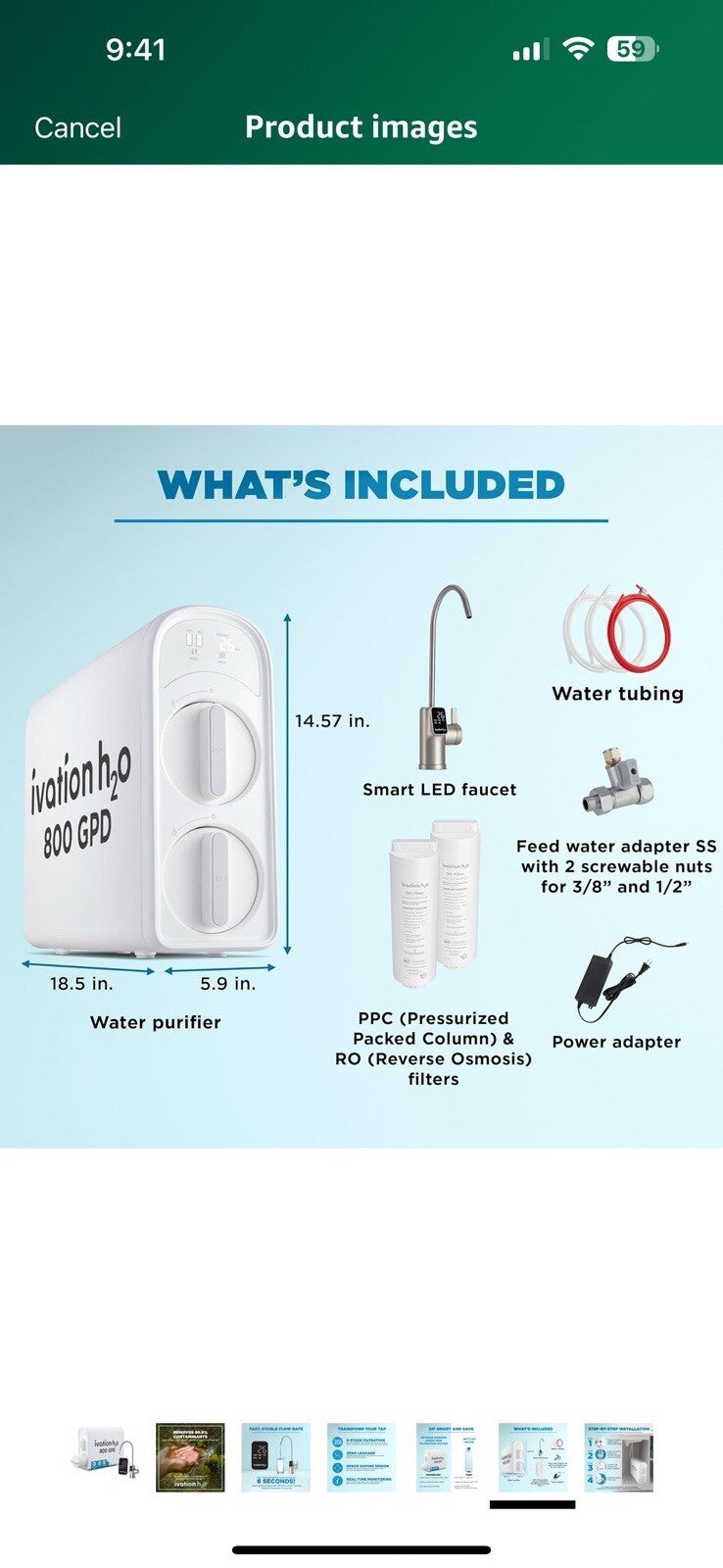 Ivation H2O 800 GPD Reverse Osmosis Under Sink Tankless Water Purifier