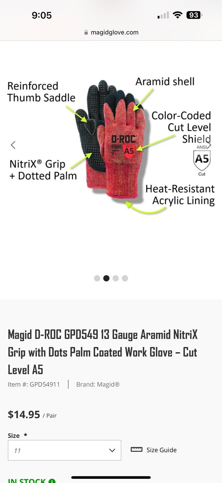 Magid D-ROC GPD549 13 Gauge Aramid NitriX Grip, 11xxL, 12 Pairs