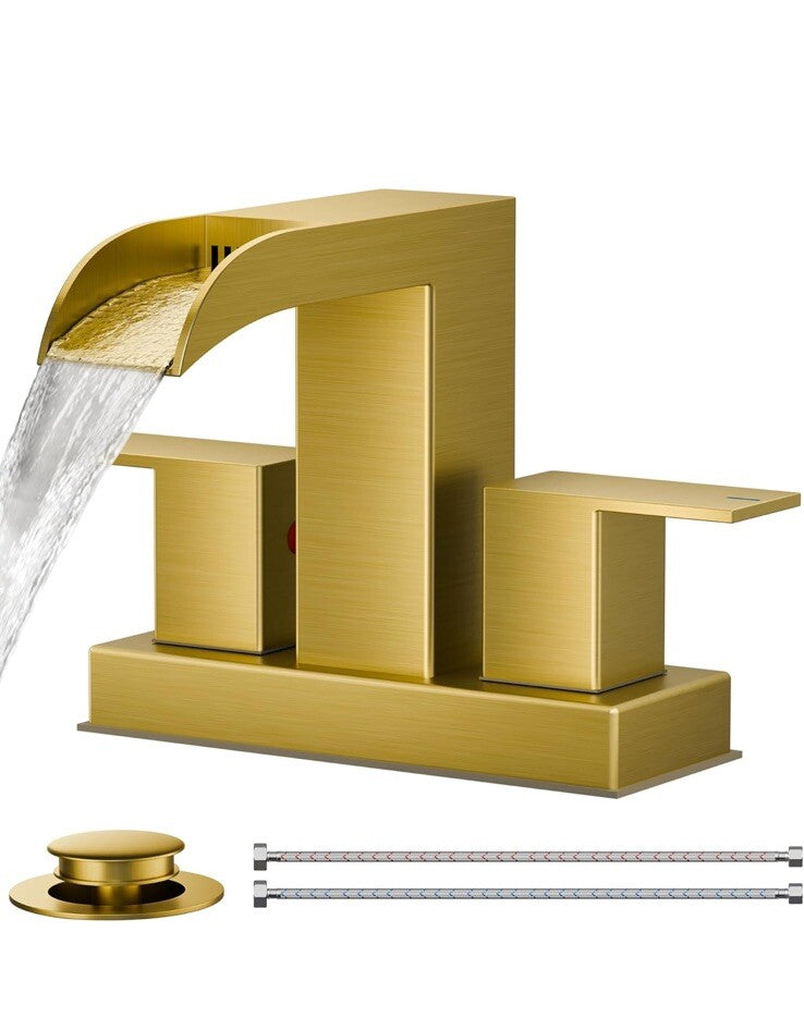FORIOUS Waterfall Gold Bathroom Faucets, Two Handle Bathroom Sink