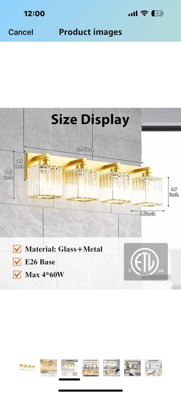Bathroom Vanity Light Fixtures Over Mirror - Makeup Lighting Pure Gold -