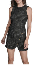 BCBG Womens Sleeveless Jewel Neck Button Split Detail Tweed Mini Dress