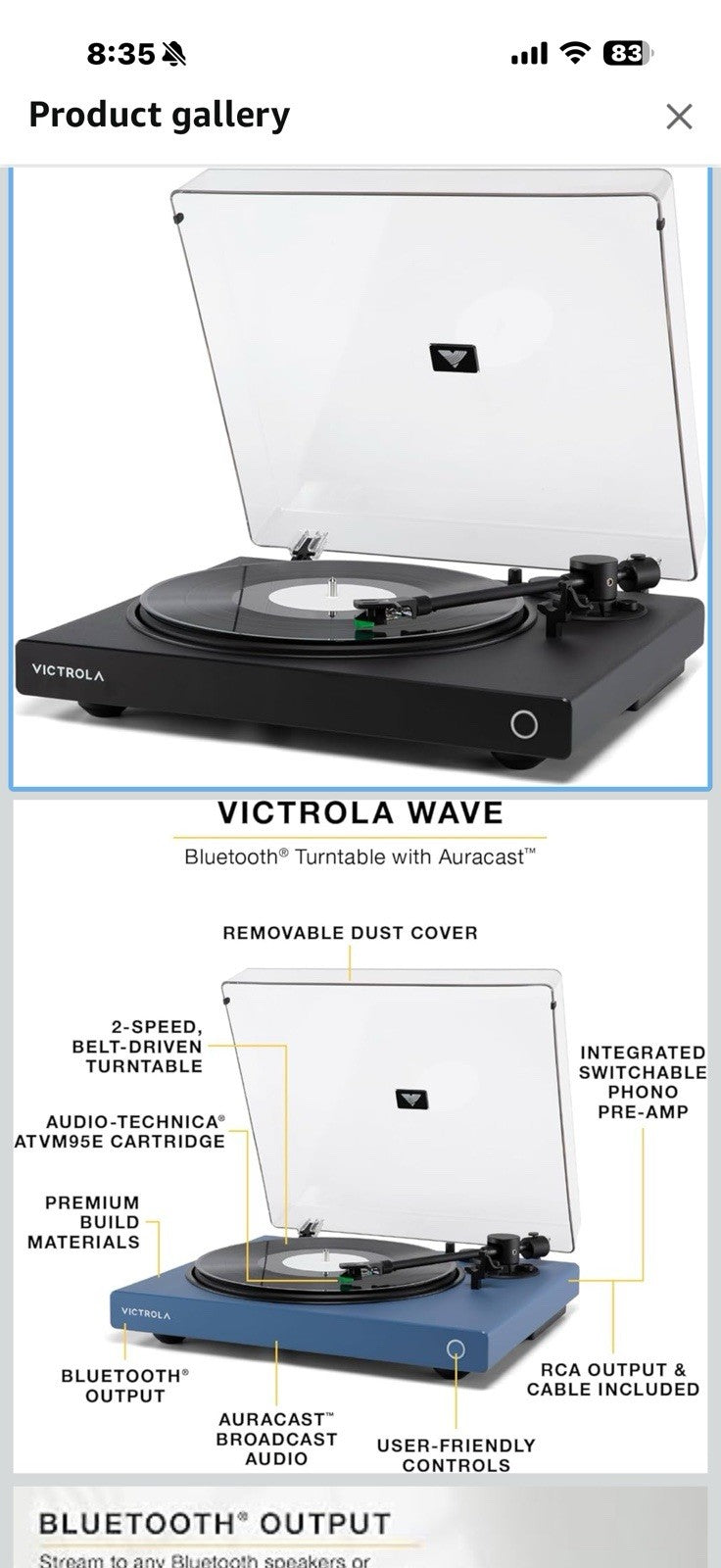 Victrola Wave – Bluetooth Turntable with Auracast – 2-Speed Vinyl Record 