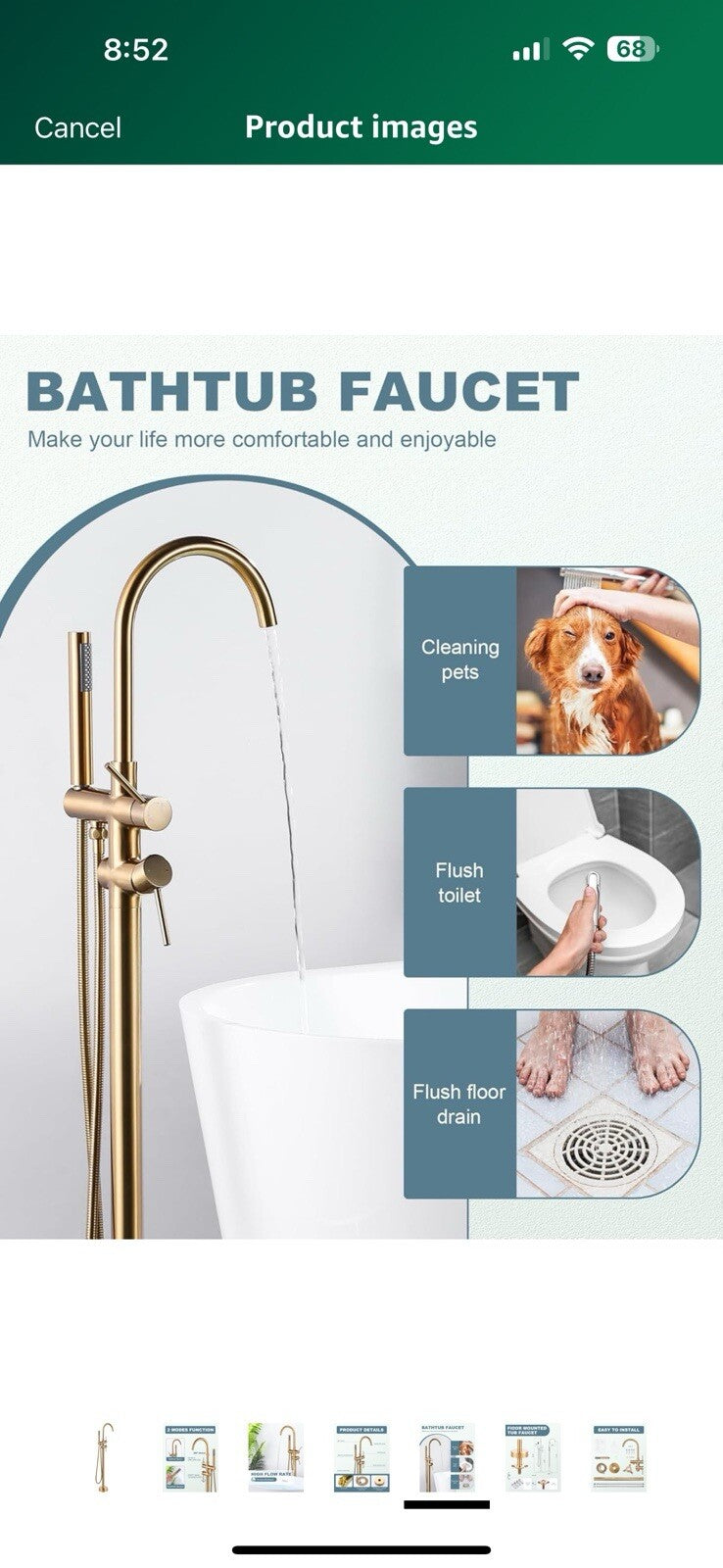 Freestanding Bathtub Faucet Brushed Gold, Floor Mount Tub Filler, High
