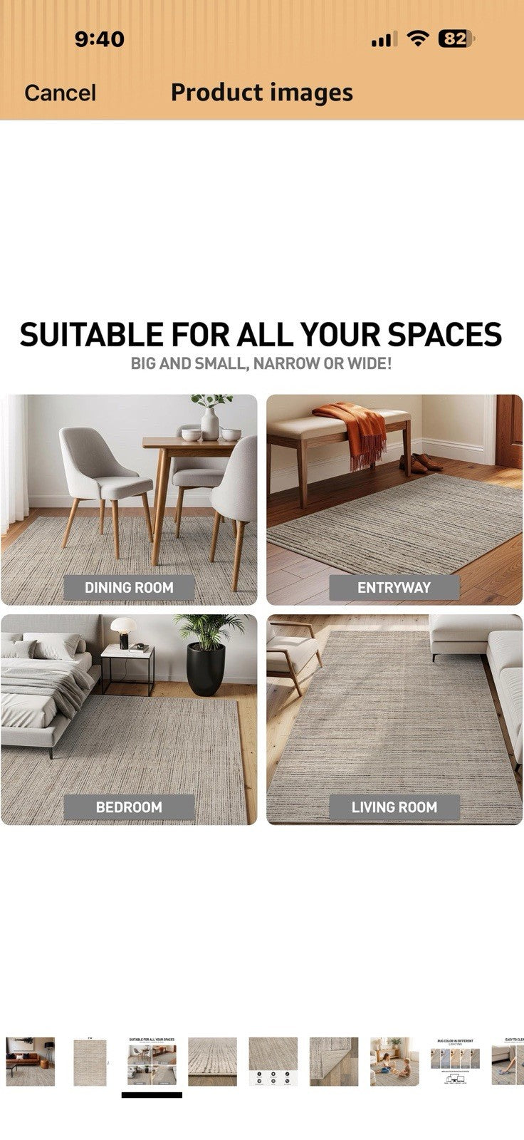 Rugshop Textured High-Low Indoor Area Rug, Neutral Stripe Design, Jute Backing,
