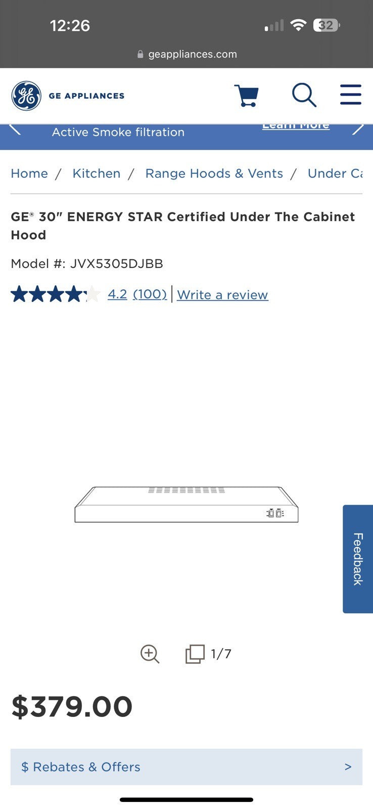 GE 30" Energy Star Certified Under The Cabinet Hood