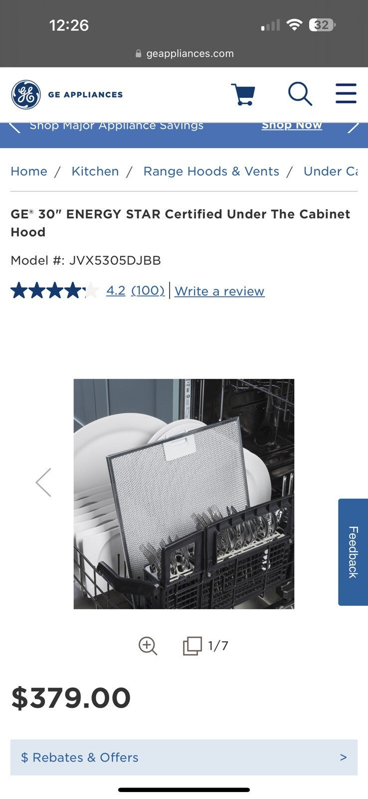 GE 30" Energy Star Certified Under The Cabinet Hood