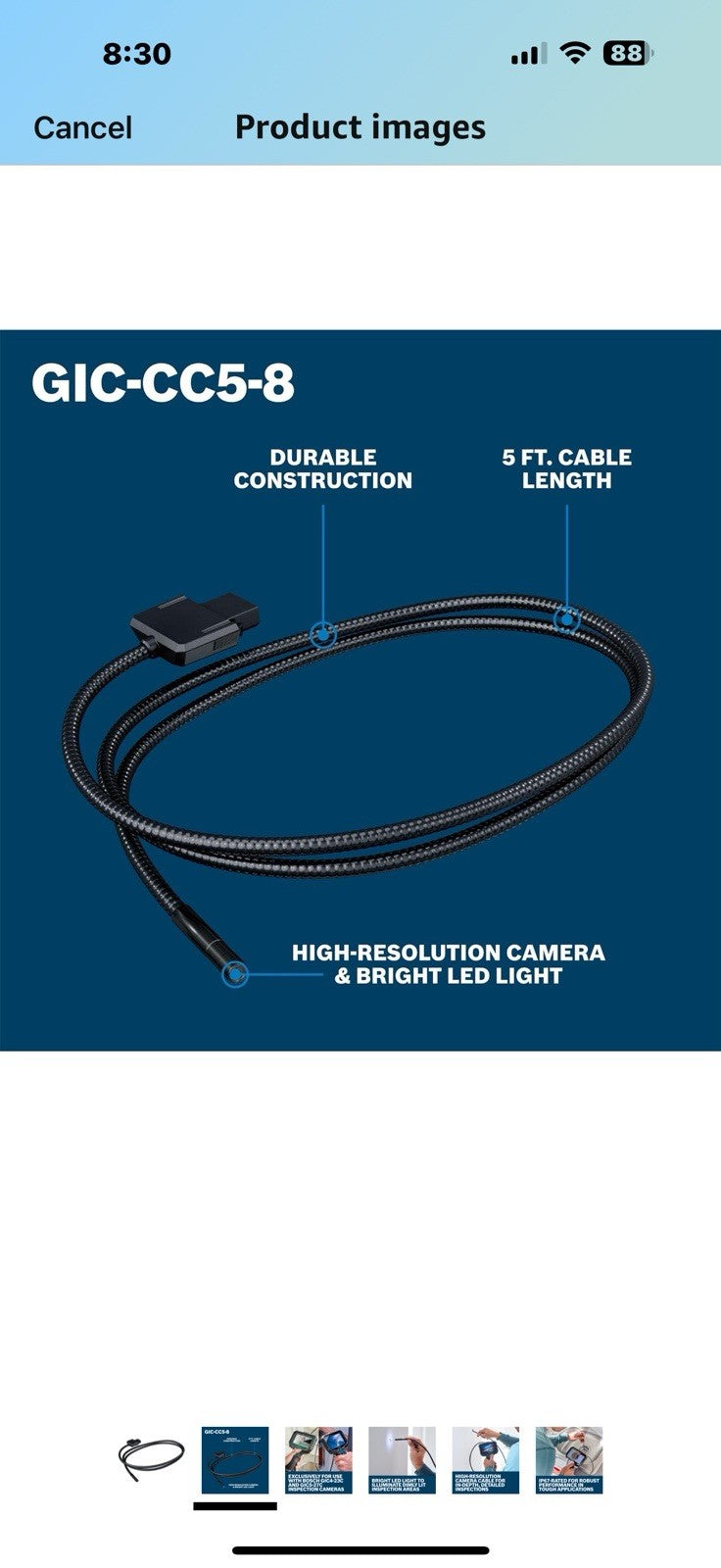 BOSCH GIC-CC5-8 Inspection Camera Cable - 5 Ft High-Resolution, Durable