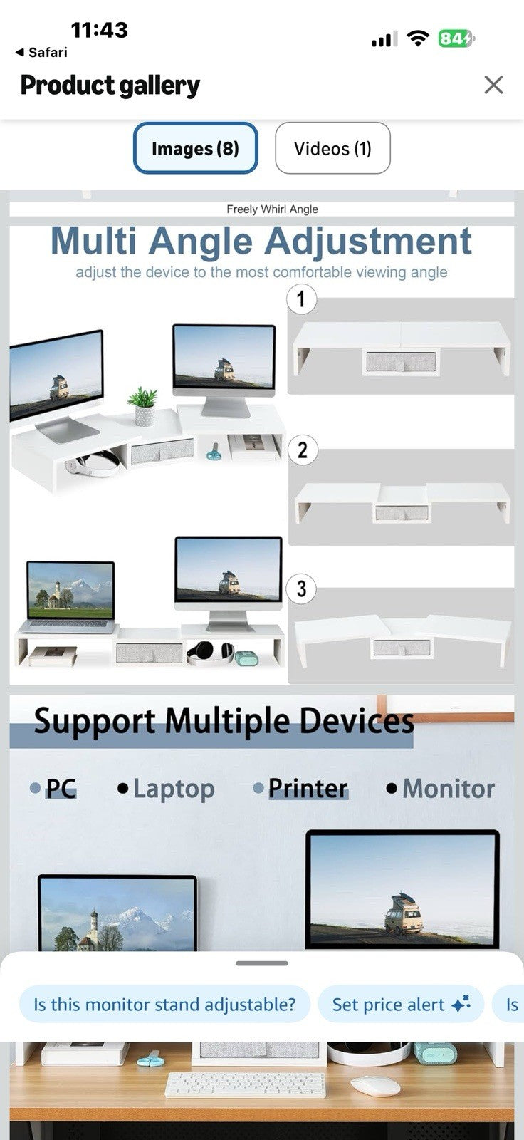 MARTY Dual Monitor Stand, White Monitor Riser with Drawer Length & Angle 