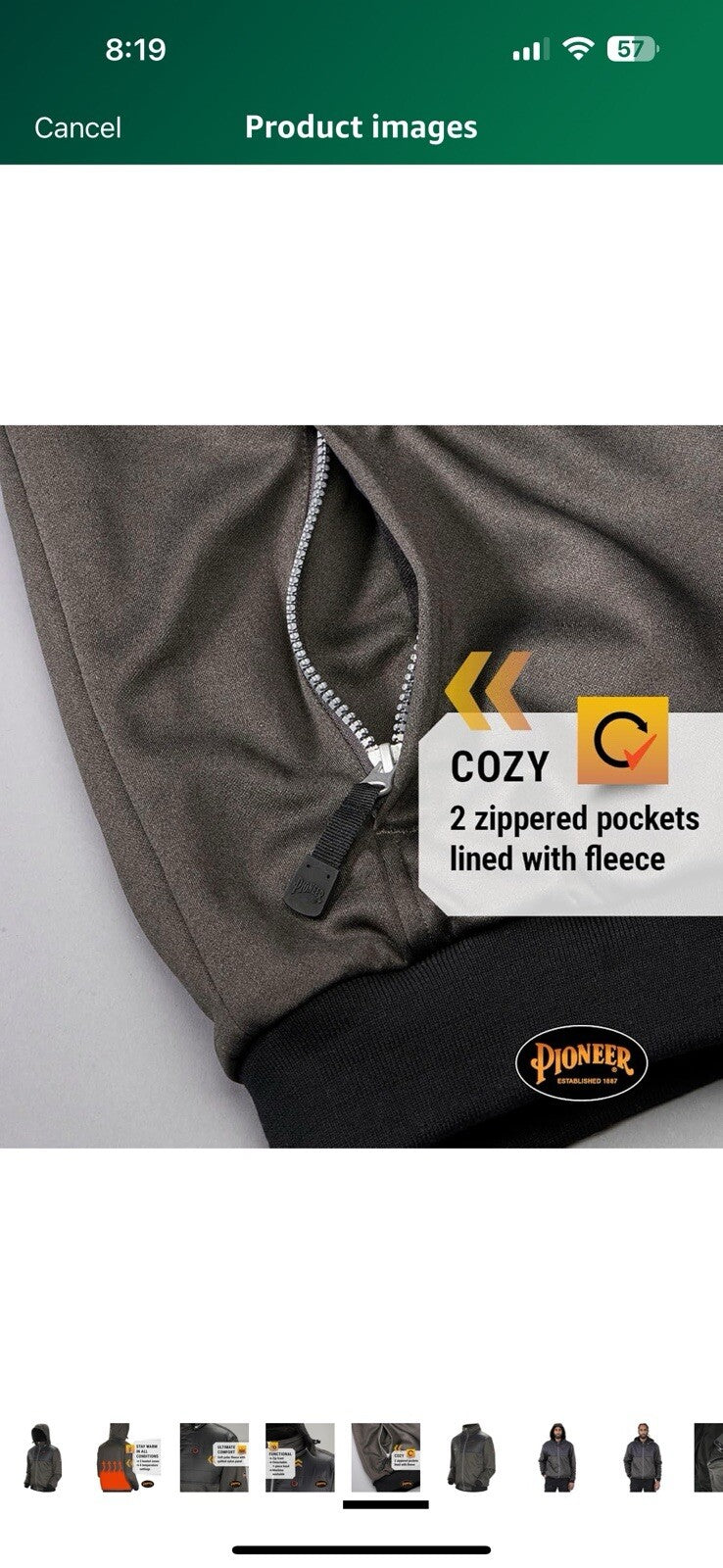 Pioneer Men's Heated Fleece Hooded Jacket with Detachable Hood - XL