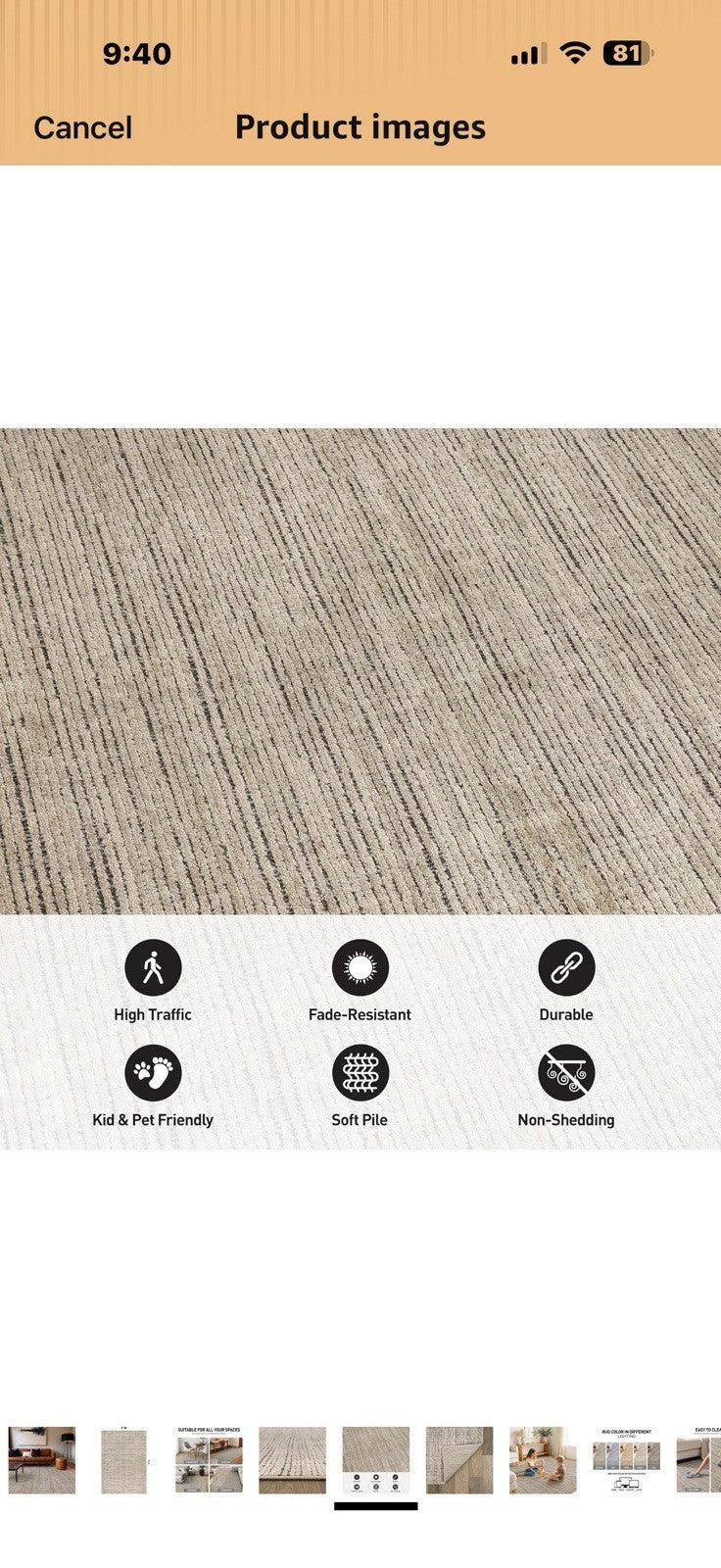 Rugshop Textured High-Low Indoor Area Rug, Neutral Stripe Design, Jute Backing,