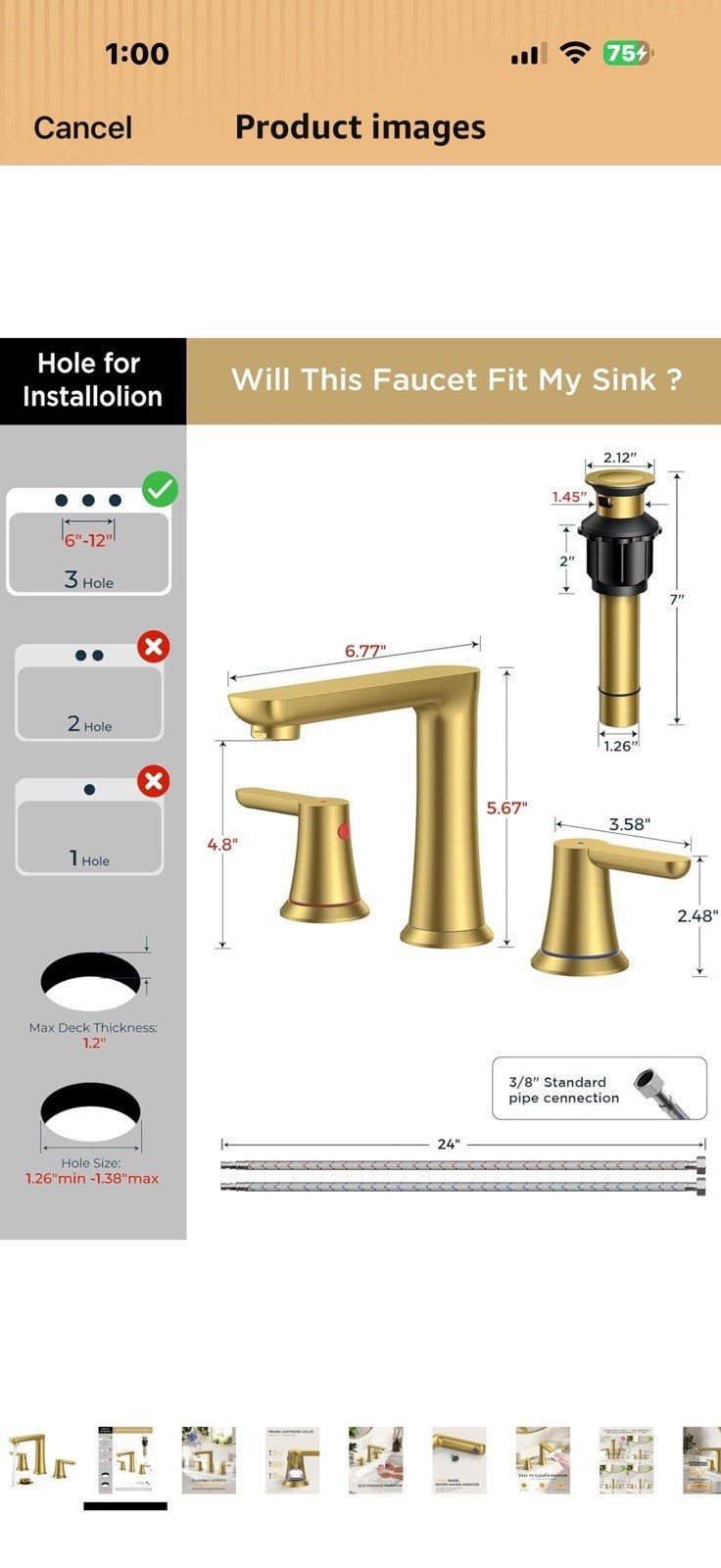 FORIOUS Gold Bathroom Faucet 3 Hole, Two Handle Gold Faucet for Bathroom 
