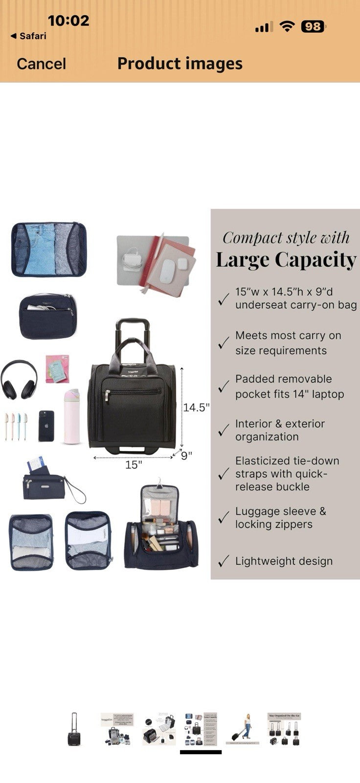 Baggallini 2 Wheel Underseater Carry-On - Lightweight Travel Weekender