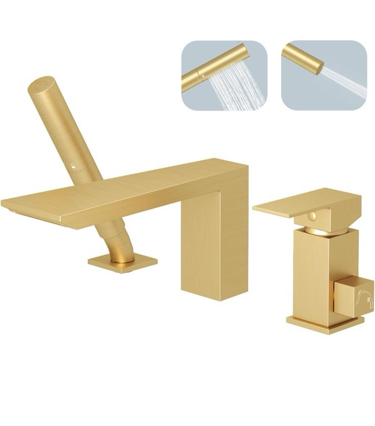 BESy Brass Waterfall Roman Bath Tub Faucets with Sprayer, Deck Mount