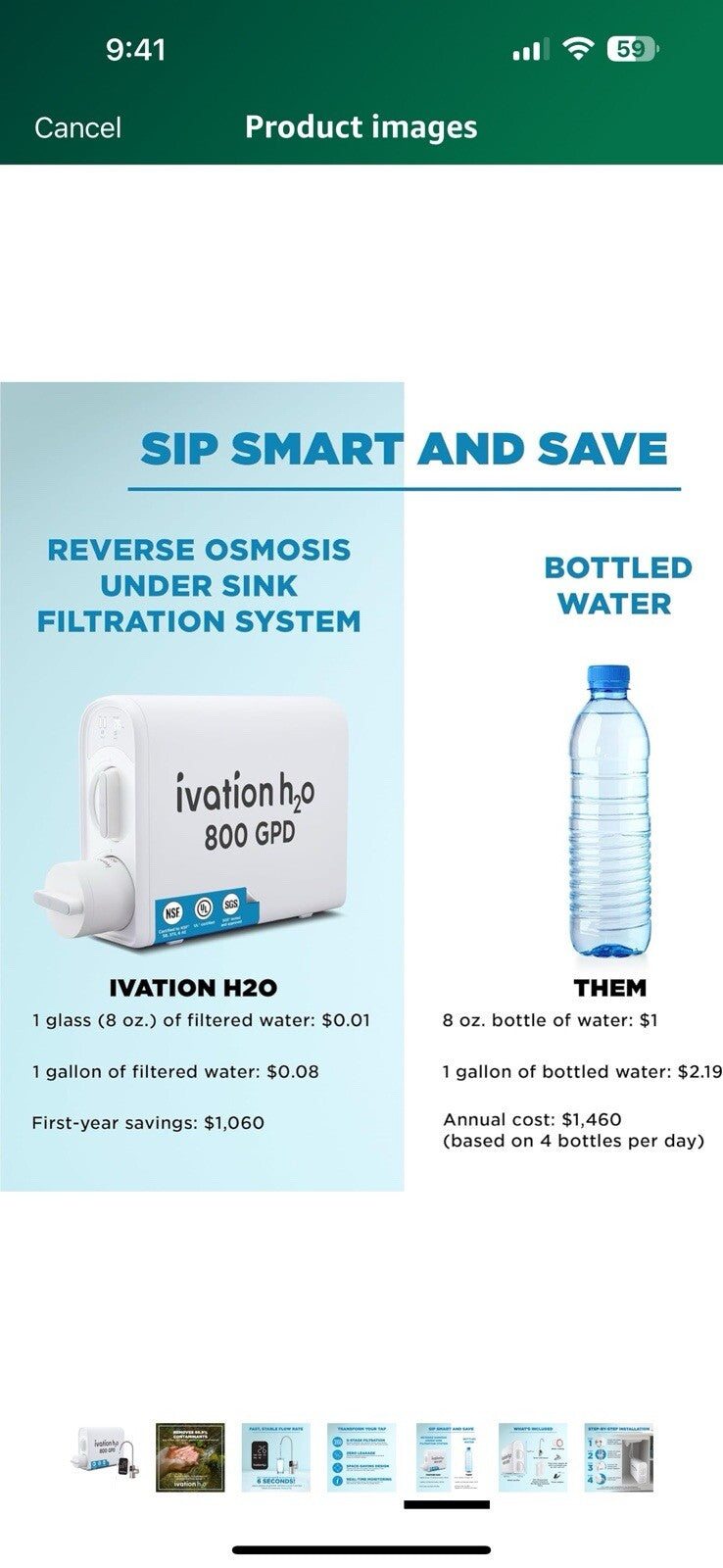 Ivation H2O 800 GPD Reverse Osmosis Under Sink Tankless Water Purifier