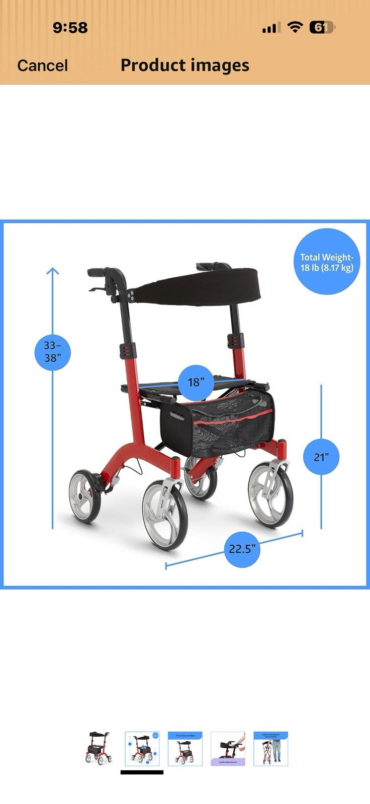 Medline European Style Lightweight Rollator with Backrest – Strong,