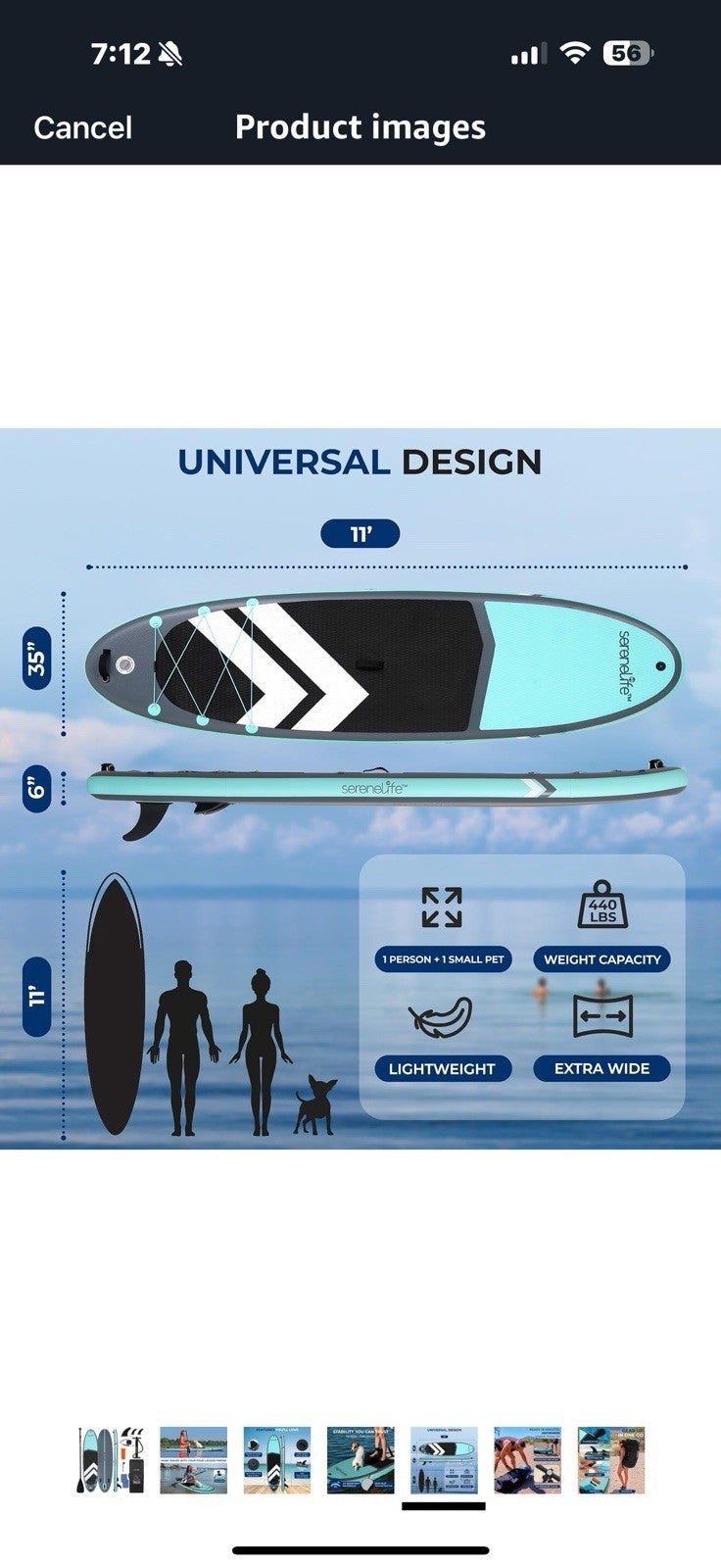 SereneLife 11’ Inflatable SUP - Pet-Friendly Stand-Up Paddle board for Adults