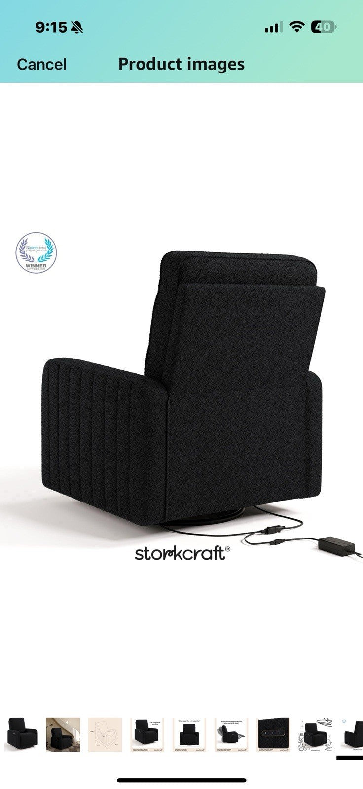 Storkcraft Kyoto Deluxe Extra-Wide Power Recliner Swivel Glider (Black Boucle) 
