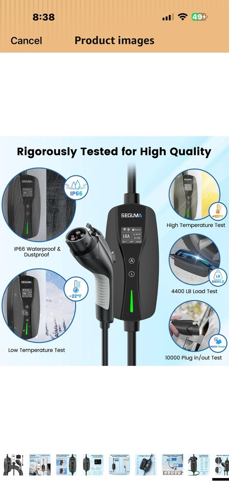Level 1/2 EV Charger, 16Amp Adjustable Current Wi-Fi/App Control, UL