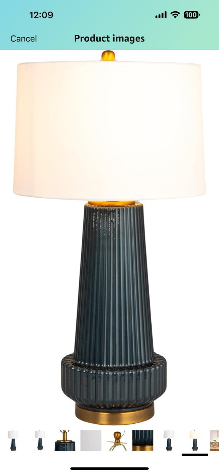 Creative Co-Op Ribbed Glass Table Lamp with Tapered Drum Shade, Deep Blue