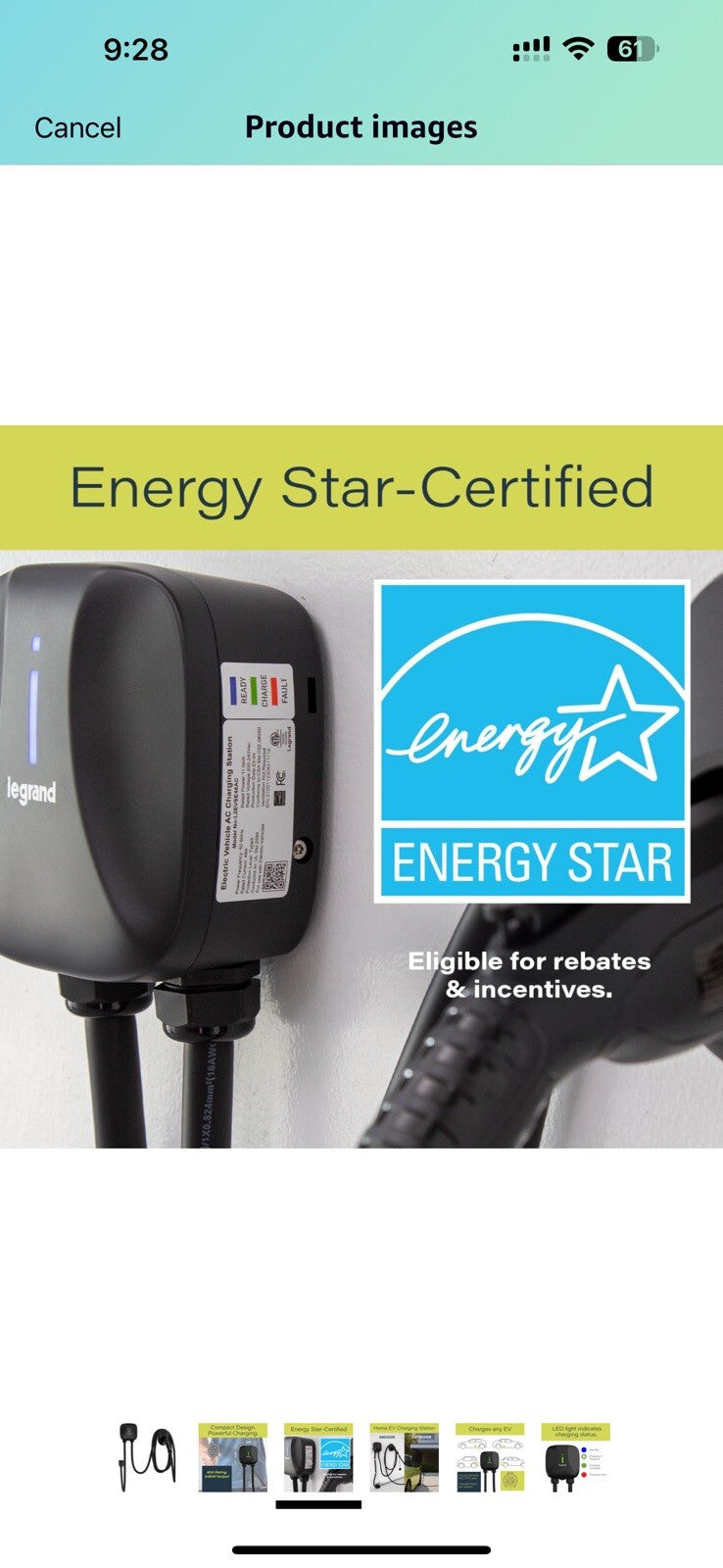 Pass & Seymour Plug-in Level 2 EV Charger, 40 Amp, 240V, Indoor/Outdoor Car