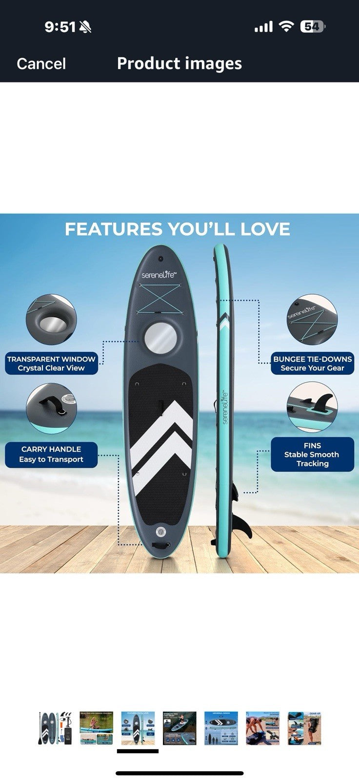 SereneLife 10’6” Inflatable Stand-Up Paddle Board with Window - 32” Wide