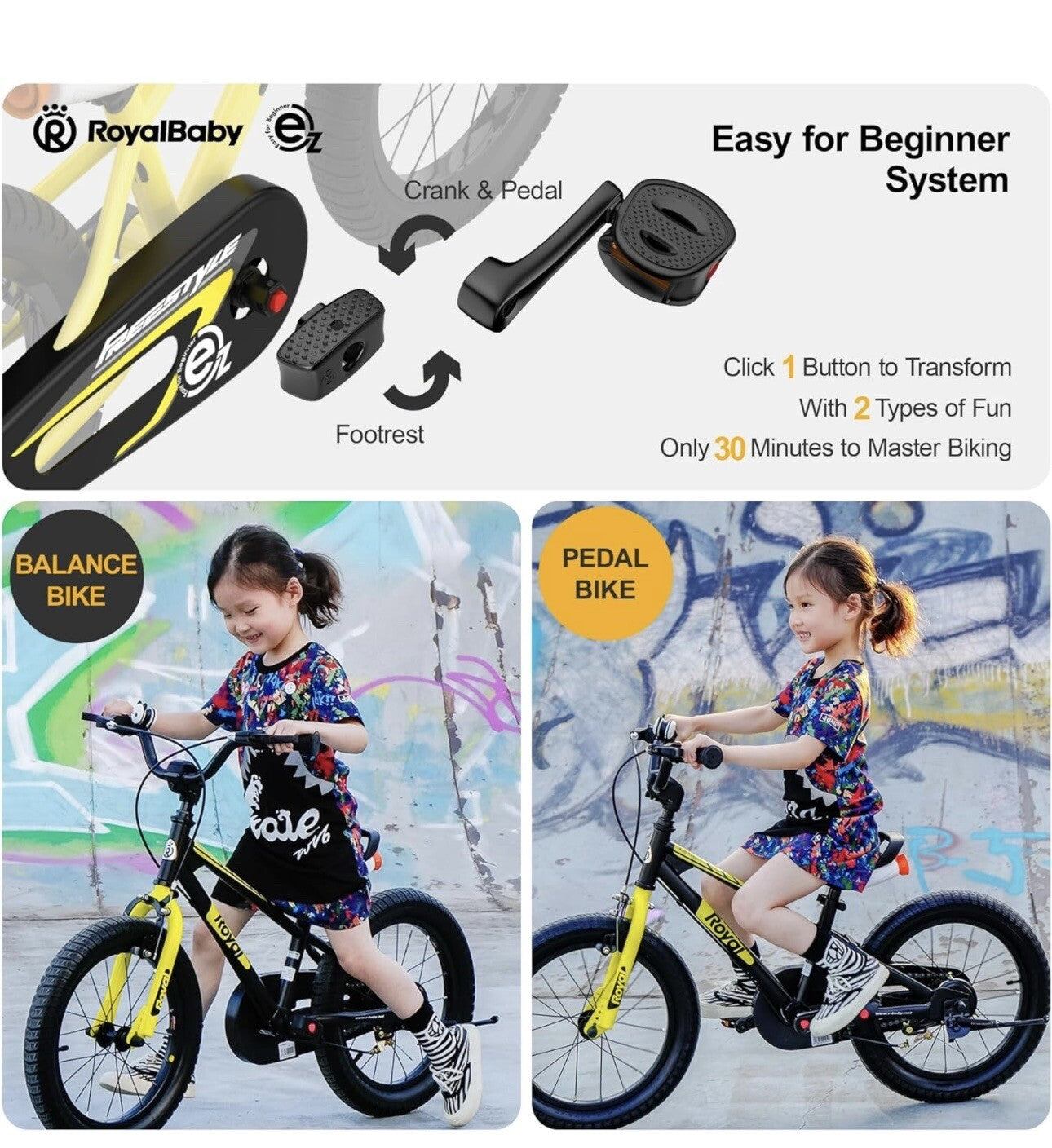 Royalbaby EZ Kids Bike, 2-in-1 Balance & Pedal Bicycle for Beginners Easy 16 Inc