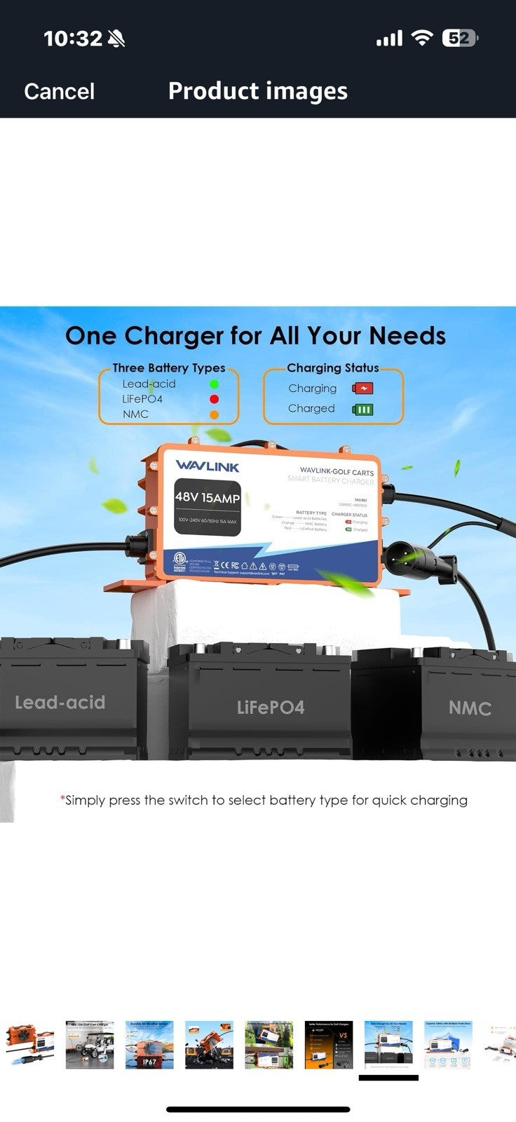 WAVLINK Golf Cart Charger, GS950C - 48V 15A Max, 810W Output, 