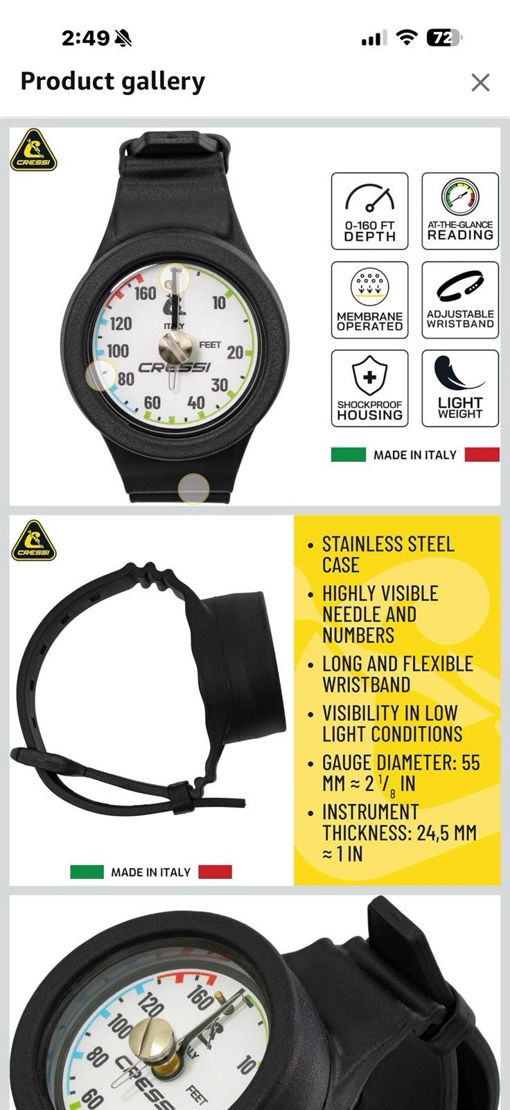 Cressi Analogic Wrist Depth Gauge for Scuba Diving, Freediving - Imperial, 