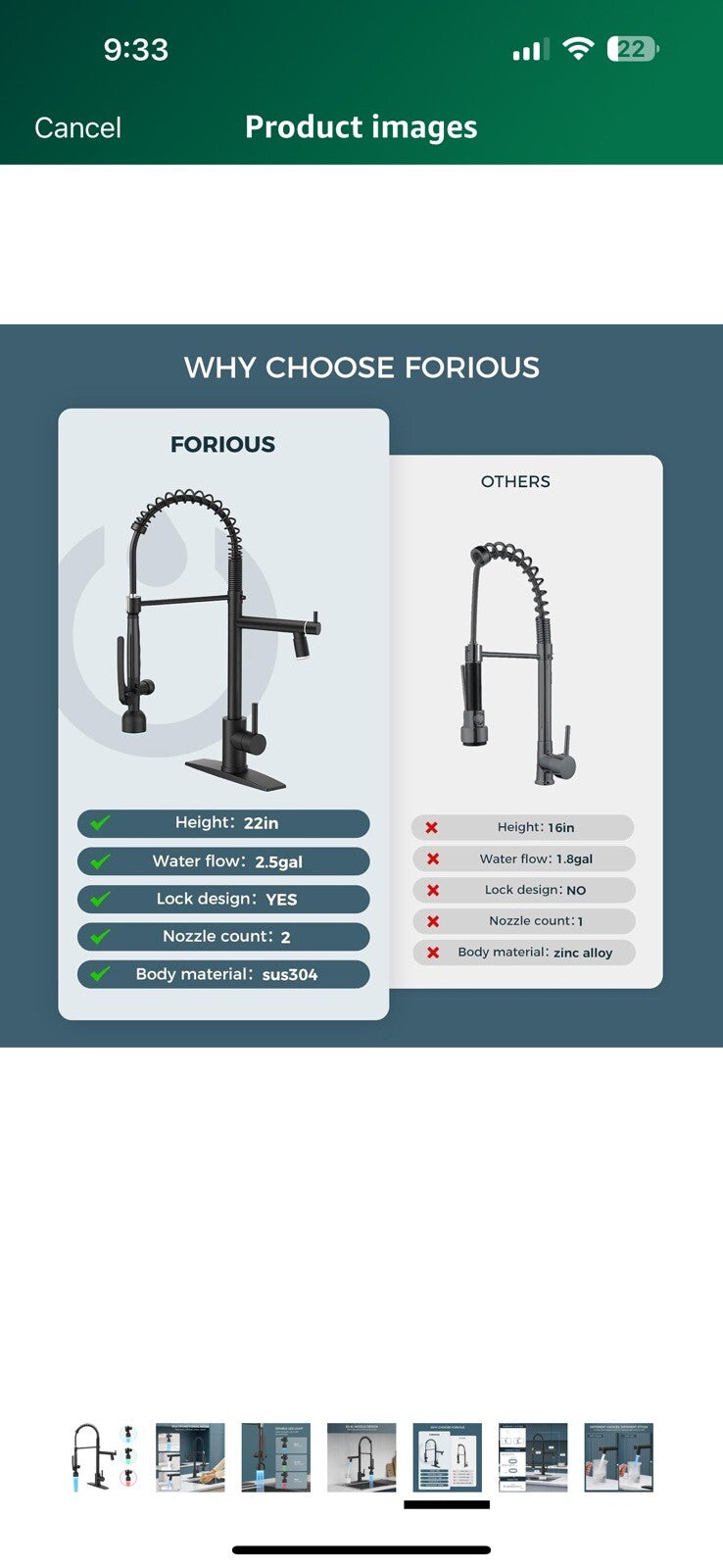 FORIOUS Black Kitchen Faucet, Commercial Kitchen Faucet with LED Light, 