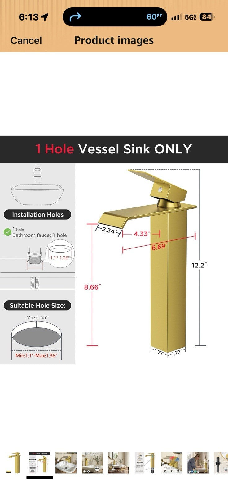 FORIOUS Vessel Bathroom Sink Faucets 1 Hole Brushed Gold, Tall Waterfall