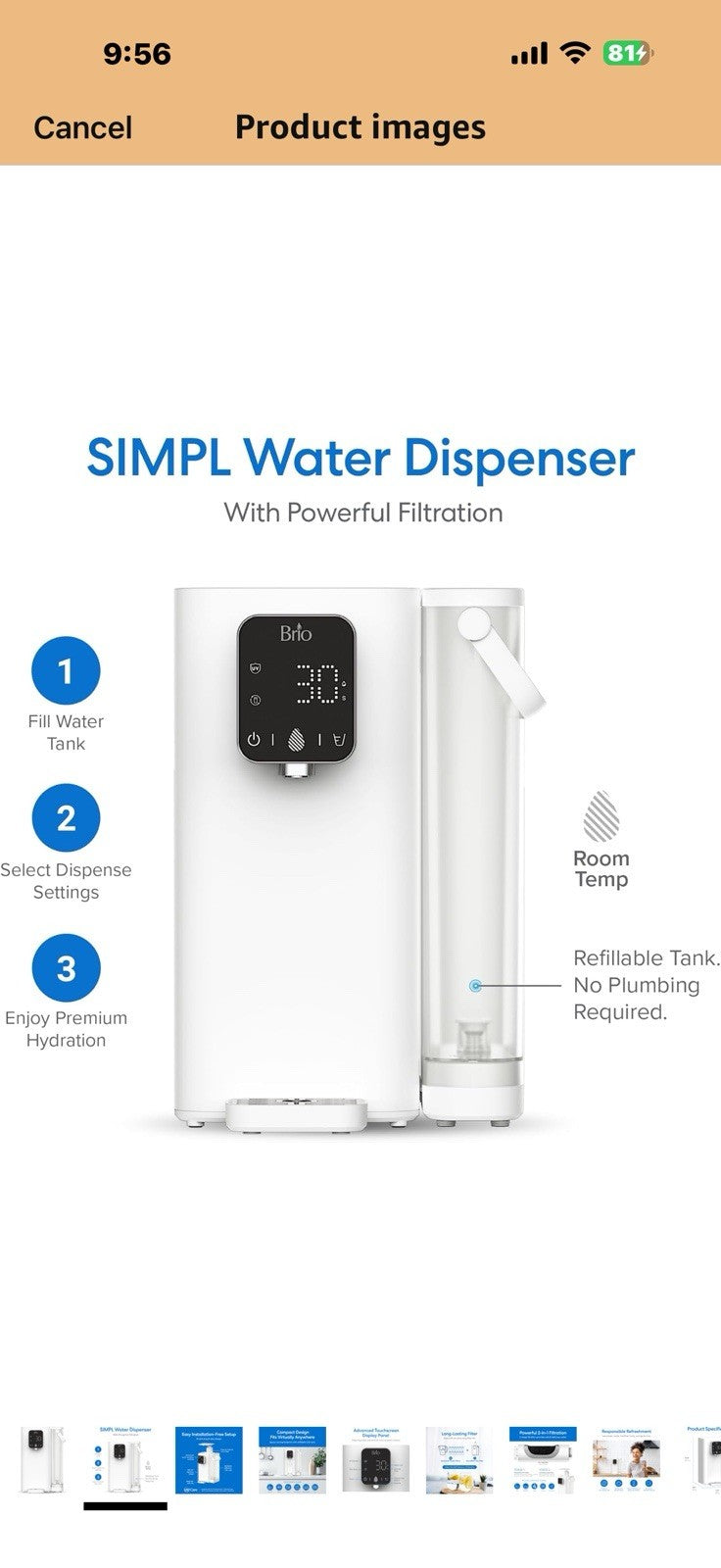 Brio SIMPL W2 Countertop Water Dispenser w/Refillable 2.5L Water Tank, 