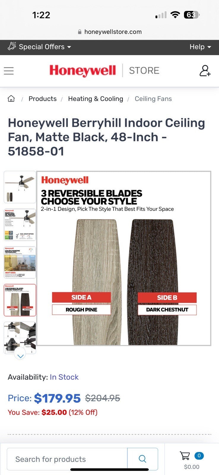 Honeywell Berryhill Indoor Ceiling Fan, Matte Black, 48-Inch - 51858-01