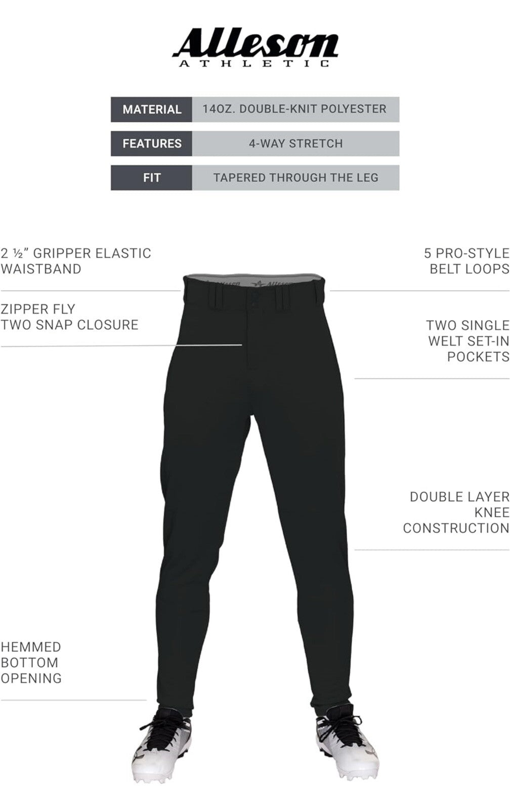 Alleson Athletic Men's Youth Crush Tapered Baseball Pant (Style 657ctpy) Blackxl