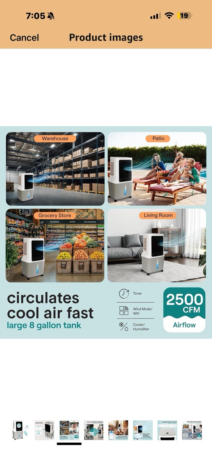 SereneLife Portable Swamp Cooler Air Conditioner - 2500 CFM Airflow, 8 Gallon