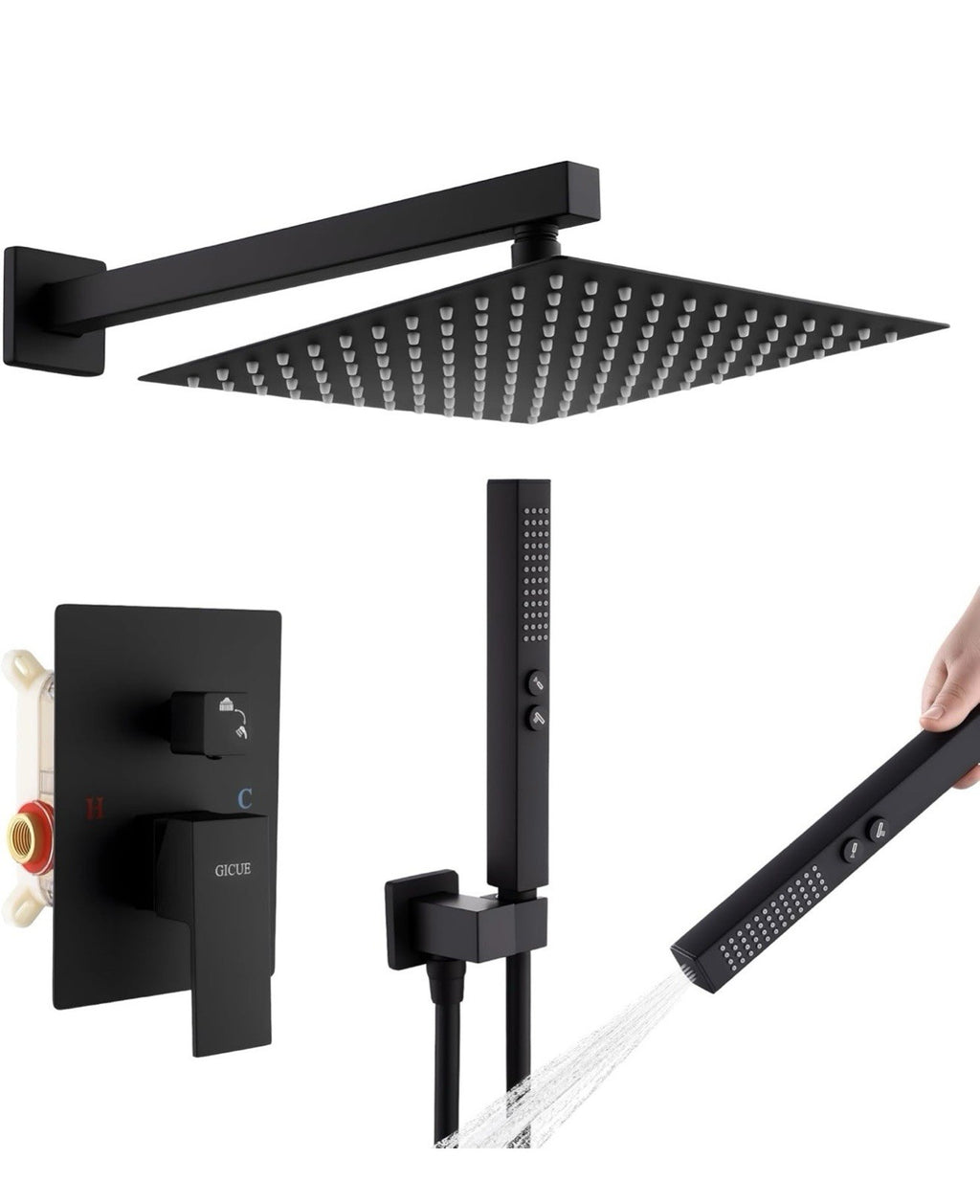 Rainfall Shower System Set, 12'' Matte Black Wall Mounted Square 