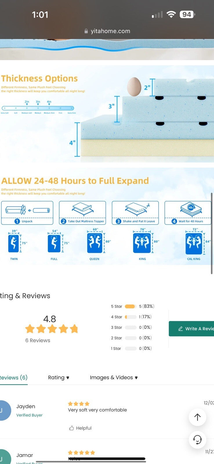 YITAHOME Queen Size Mattress Topper 3 Inch Cooling Memory Foam Bed Topper