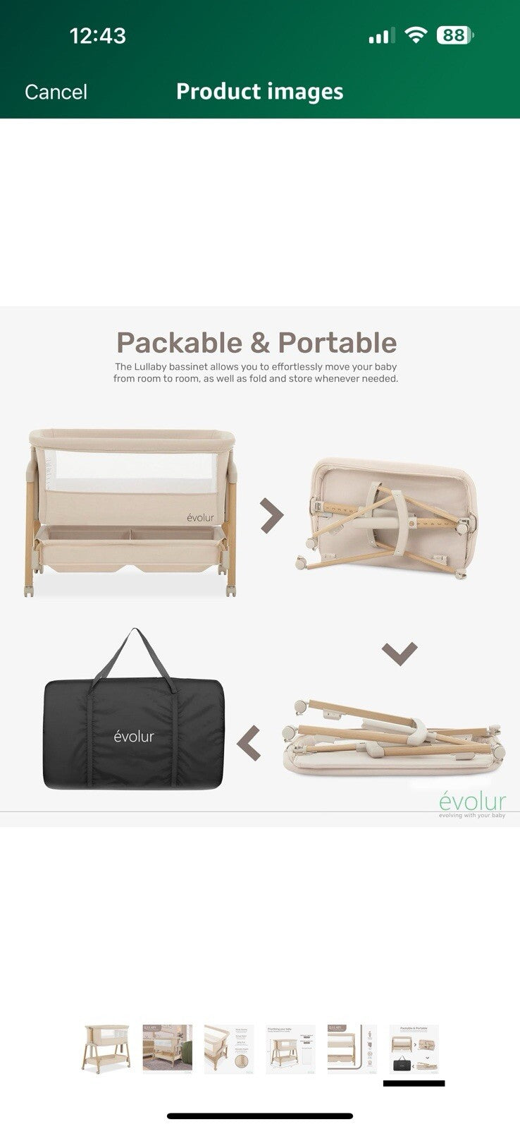 Evolur Lullaby Portable Bassinet with Wheels